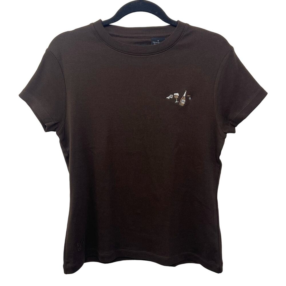 NWT‎ Kate Lord Cotton Short Sleeve Embroidered T-Shirt Crew Neck Chocolate Small